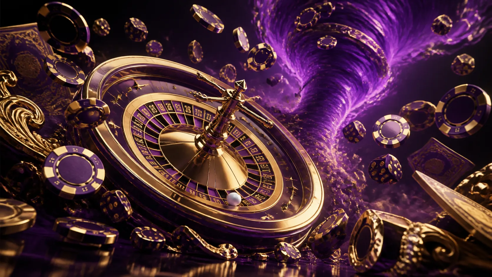 A futuristic holographic casino scene with neon poker chips and translucent glowing dice in dynamic motion, conveying a luxur